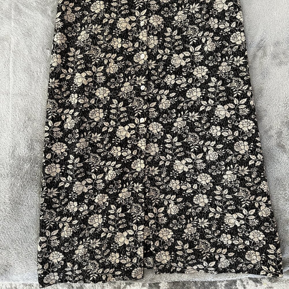 Talbots 90s Y2K Maxi Collared Shirt Dress Women's 12 Black Cream Floral Button - Picture 2 of 5